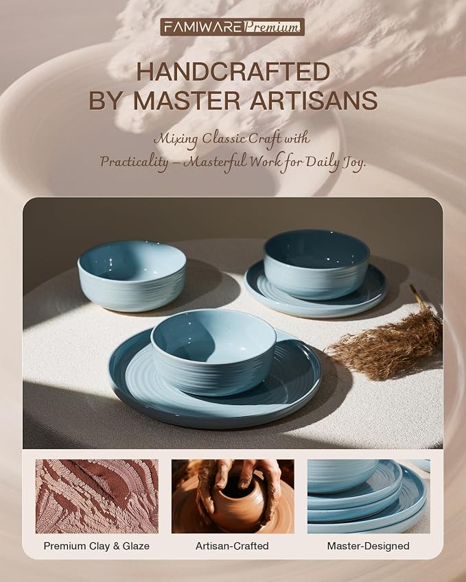 Dinnerware Set for 4, Ceramic Plates and Bowls, Ice Blue | 12 pcs Speckled