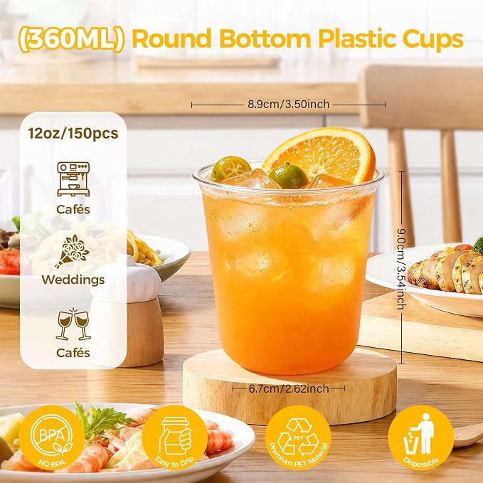 KesaPlan 150 Pcs 12oz Plastic Clear Cups, Disposable Wine Cocktail Glasses |