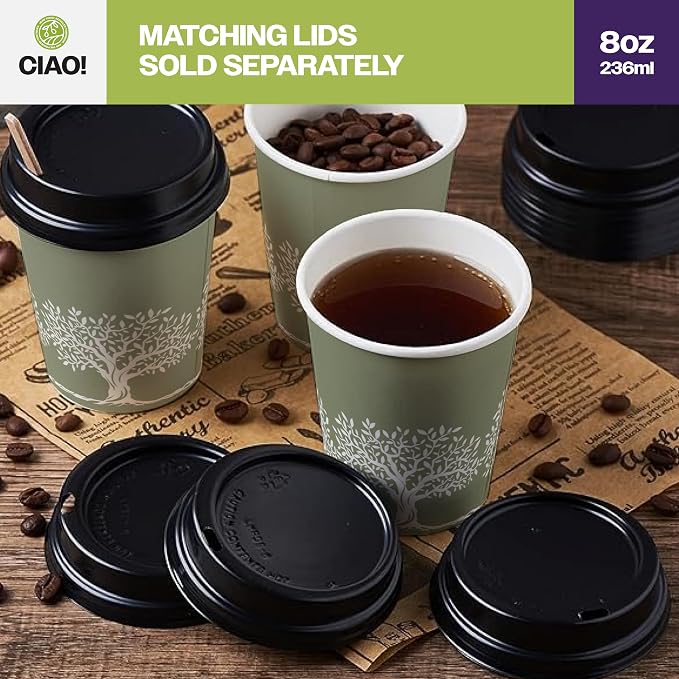 CIAO! 8oz Paper Hot Cup, Rooted Olive Print
