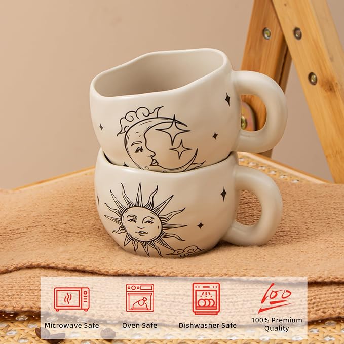 4pcs Boho Style Ceramic Moon and Sun Mugs, 9.4OZ Cute Coffee Cup Set, Matte
