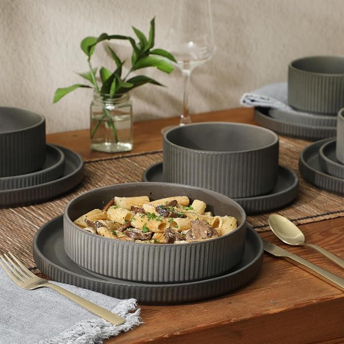 Gibson Elite Deerfield 16-Piece Stoneware Dinnerware Set – Soft Grey Reactive