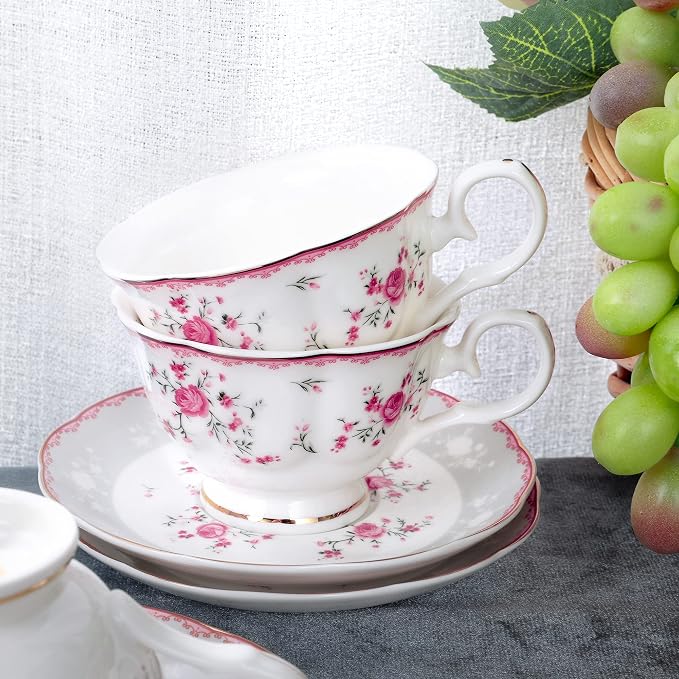 fanquare Pink Rose Tea Cup and Saucer Set