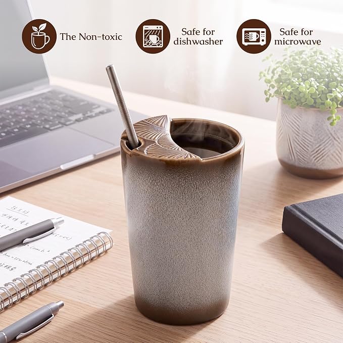 1 Pack Ceramic Coffee Mug with Sip Hole, 14.5 oz Handleless Tumbler Cup with 1