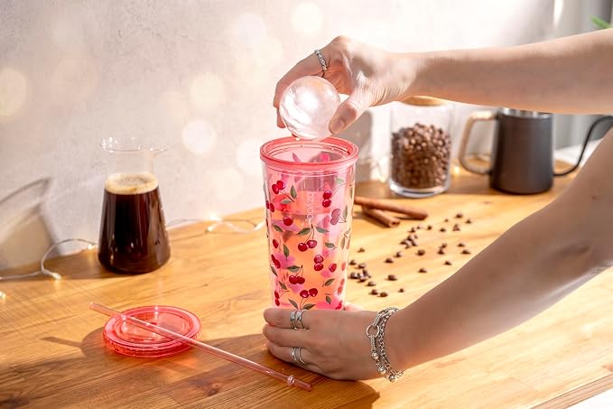 bzyoo 24oz Plastic Tumbler Cup, Lid & Straw, Iced Coffee Cherry Splash | Double