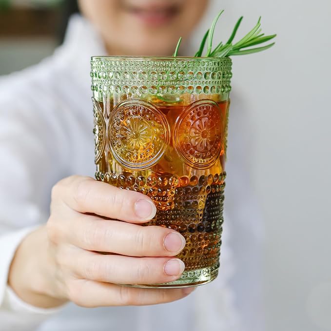 Hobnail Beaded Floral Green Drinking Glasses Set of 6, Vintage Glassware Set by