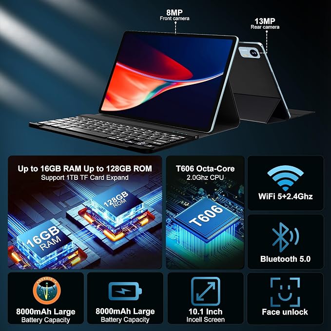 Android 14 Tablet with Keyboard，16GB RAM 128GB ROM 1TB Expand, 8000mAh Battery