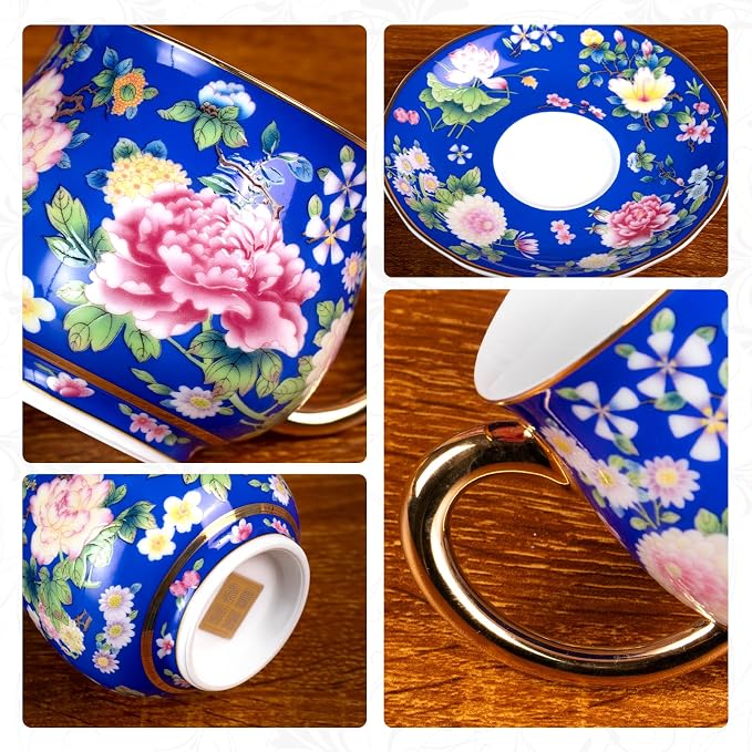 KAMMAK Tea Cup and Saucer, Ceramic Coffee Cups, 7.1 oz, Afternoon Tea and