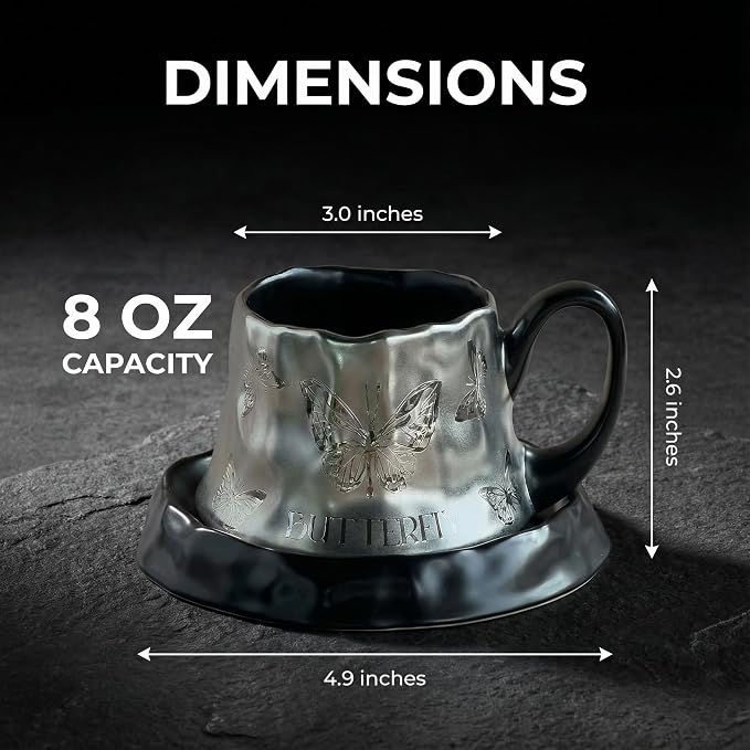 Volcanic Ash Titanium Finish Coffee Mug and Saucer Set | Modern Sculptural