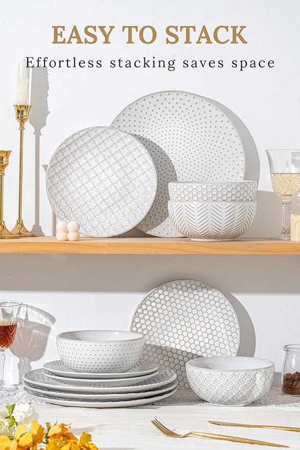 FOBENTA 16-Piece Ceramic Plates and Bowls Set, Dual Bowl Dish Set