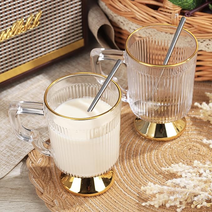 Joeyan Glass Coffee Mugs with Handle, Vintage Ribbed Clear Coffee Cups