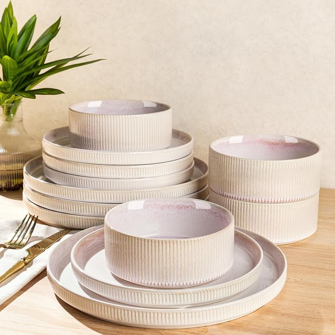 Ceramic Dinnerware Set for 4, 12-Piece Plates and Bowls Set | Lightweight