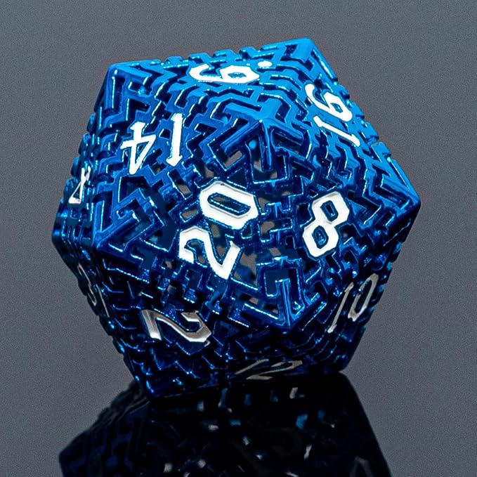 Blue Metal Hollow DND Dice Set Metallic Luster Maze Design