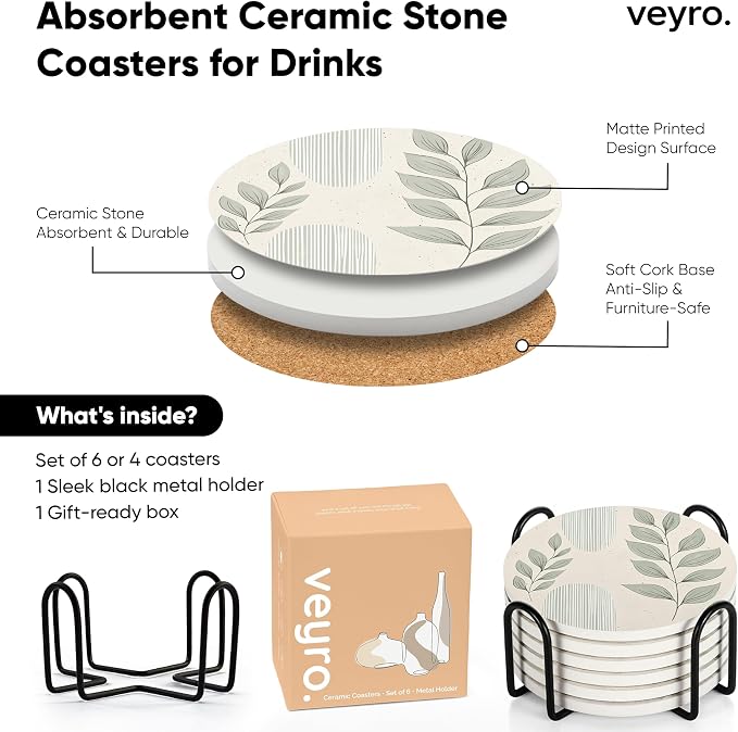 VEYRO Ceramic Coasters Set of 6 – Absorbent Stone Drink Coasters