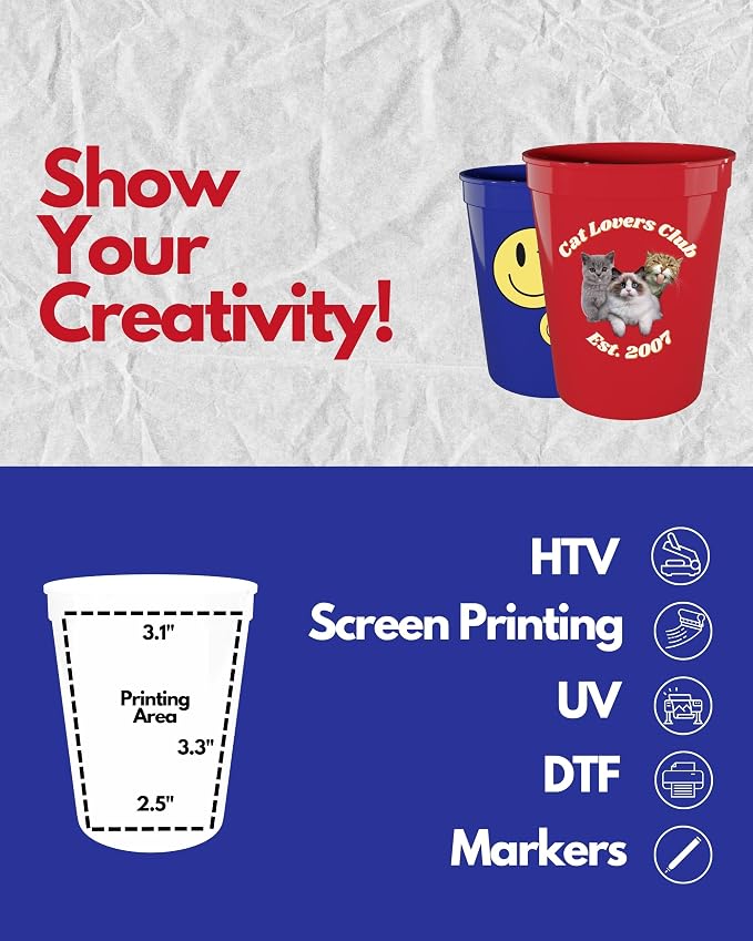 PartyPrints 10 Pack 16 oz Assorted Reusable Blank Plastic Cups, Stadium Cups