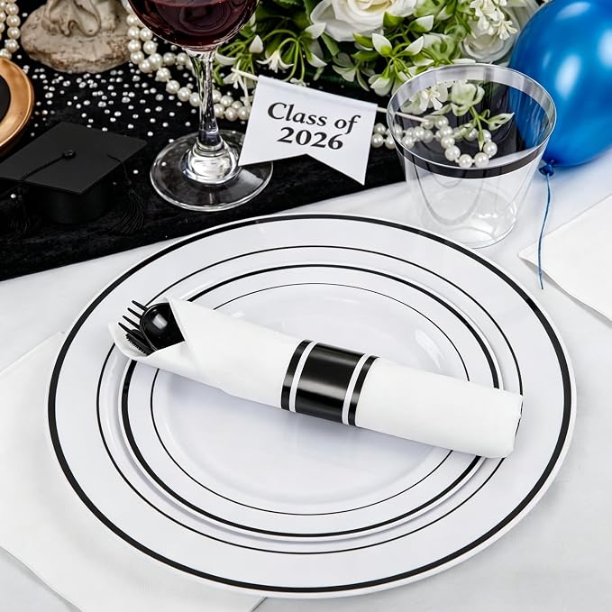 WELLIFE 210Pcs Black Plastic Dinnerware