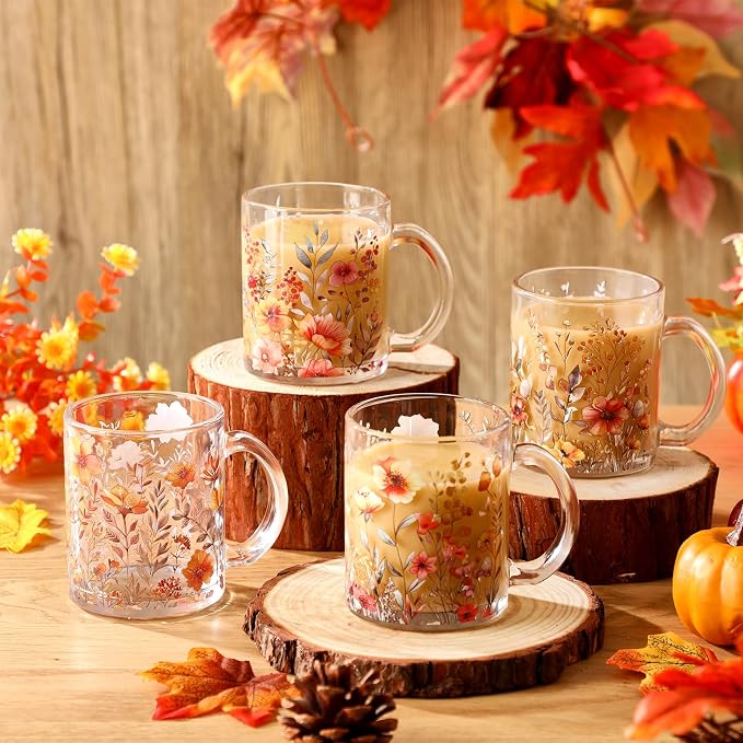 Tioncy 4 Pcs Fall Floral Coffee Mugs 12 oz Flower Glass Cups