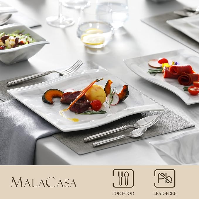 MALACASA 26-Piece Marble Grey Square Dinnerware Sets, Flora Porcelain Dinner Set