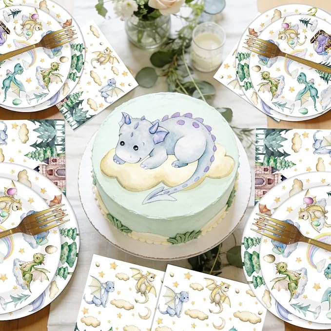 EUOYUFO 96Pcs A Little Dragon is On The Way Baby Shower Paper Plates Napkins