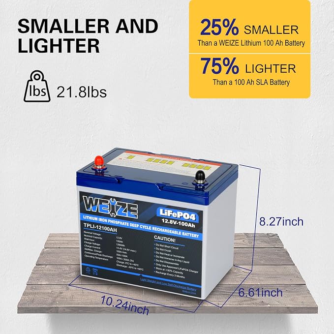 WEIZE 12V 100Ah Mini LiFePO4 Battery, Built-in 100A Smart BMS, Deep Cycle