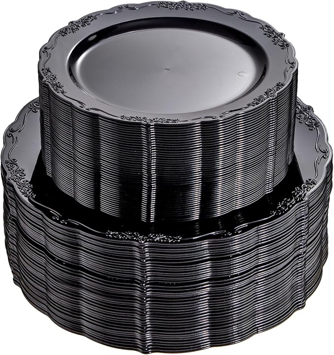 U-QE 100PCS Black Plastic Plates, Heavy Duty Black Plates Including 50PCS 10''
