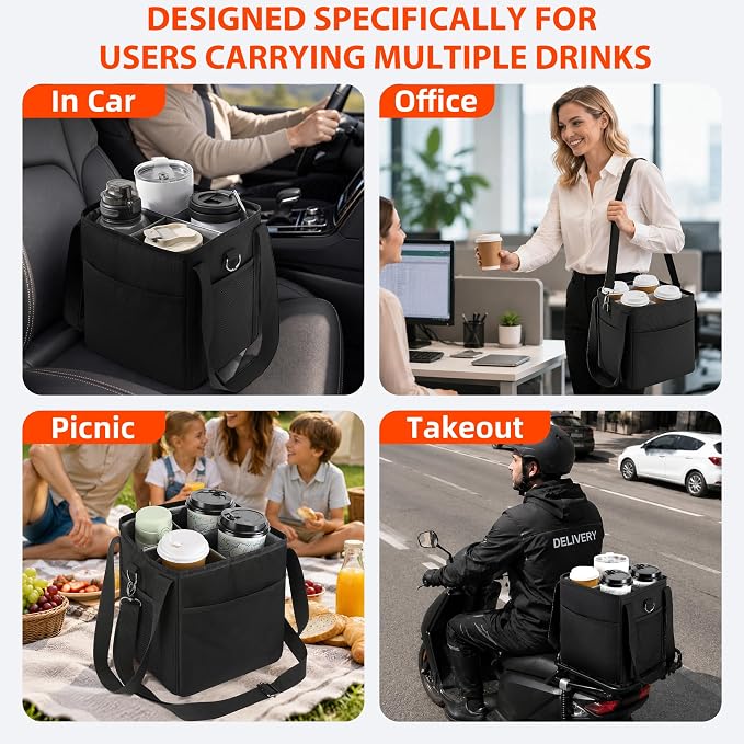 4 Cup Drink Carrier Bag, Insulated Cup Caddy