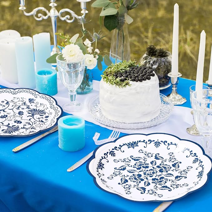 120 Pcs Blue Floral Party Plates 7 Inch Vintage Disposable Paper Plates Blue