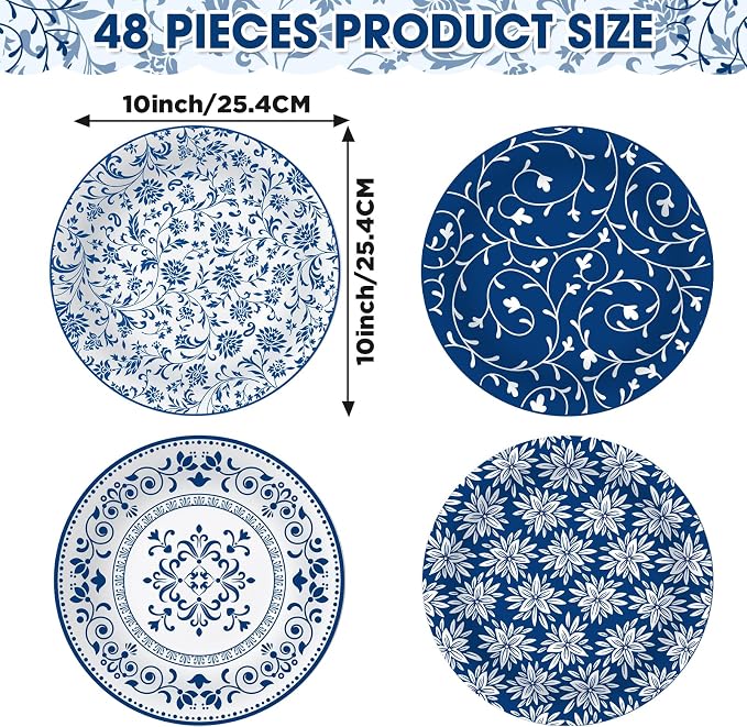 4 Set 10 Inch Blue White Porcelain Dinner Plates Melamine Blue White Floral