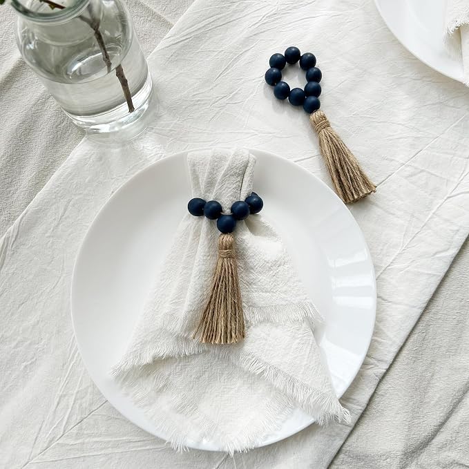 Napkin Rings Set of 12, Wooden Bead Elastic Tassel Napkin Ring | Tassel Napkin