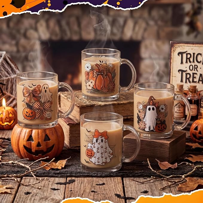 Tioncy 4 Pcs Halloween Ghost Coffee Mugs 12 oz Pumpkin Glass Cups