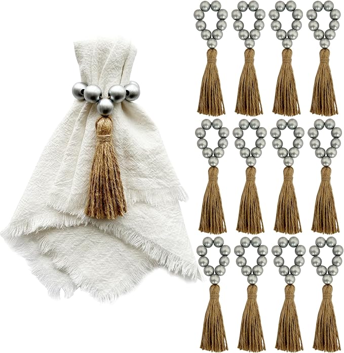 Napkin Rings Set of 12, Wooden Napkin Rings, Wood Bead Elastic Farmhouse Napkin