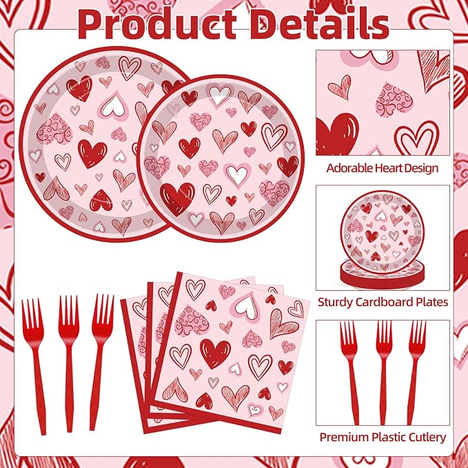 100 Pcs Valentine’s Day Heart Tableware Party Supplies Set, Serves 25 –