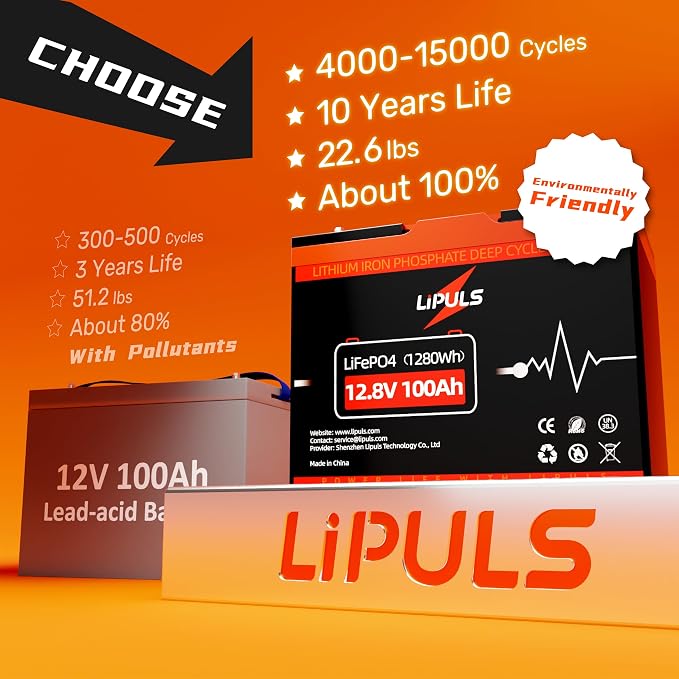 12.8V 100Ah LiFePO4 Battery, Group 24 Size • Built-in 100A BMS, Max.1280Wh