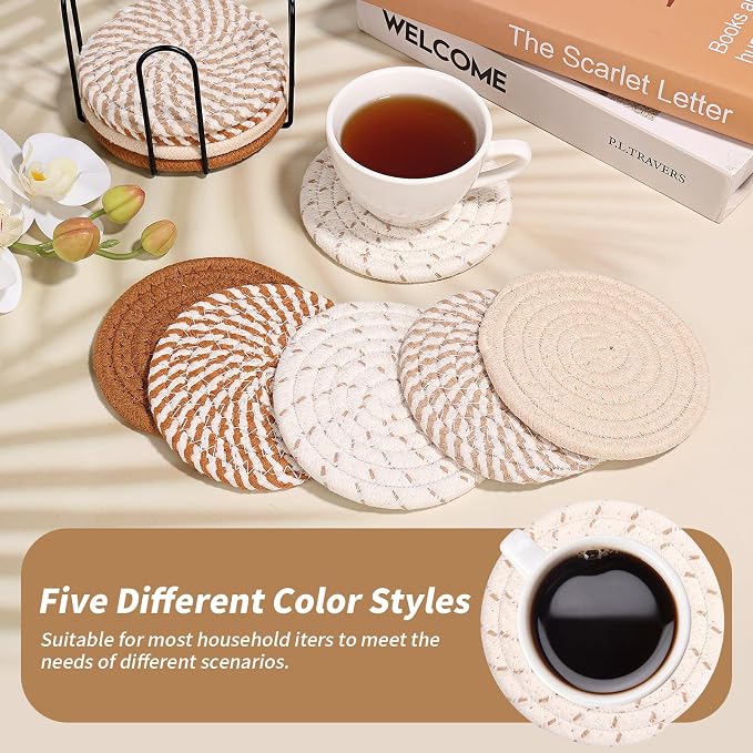 10 Pcs Drink Coasters with Holder, 5 Colors Absorbent Coasters