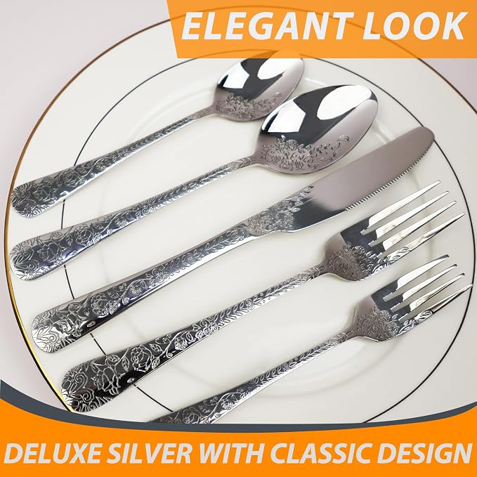 Runfly Modern Carved Floral Silver Stainless Steel 20-Piece Flatware Set |