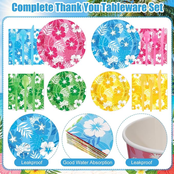 450 Pcs Hawaiian Luau Tableware Set Decorations, Serves 50 | Aloha Tropical