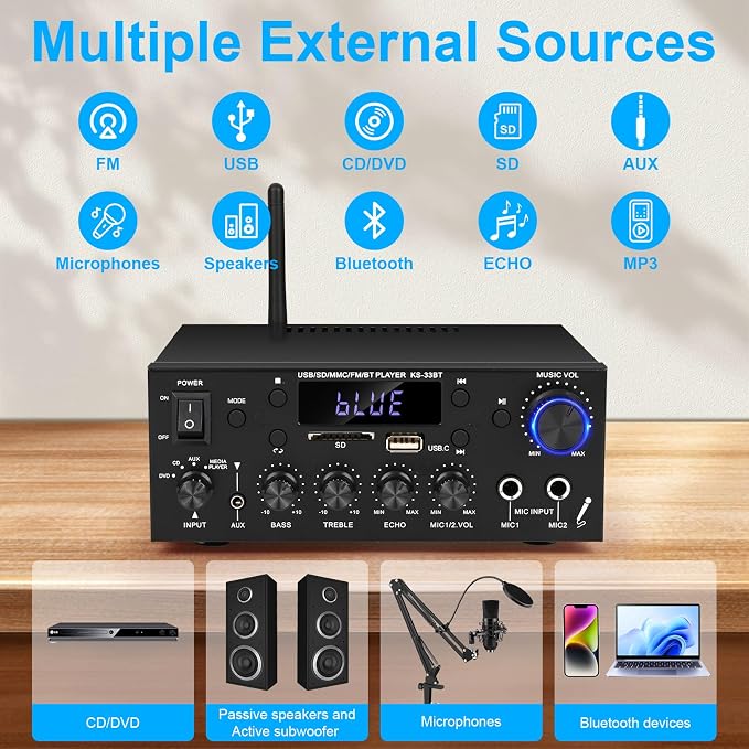 Romica Stereo Audio Amplifier, 2 Channel 500W Bluetooth 5.0 Home Theater Power
