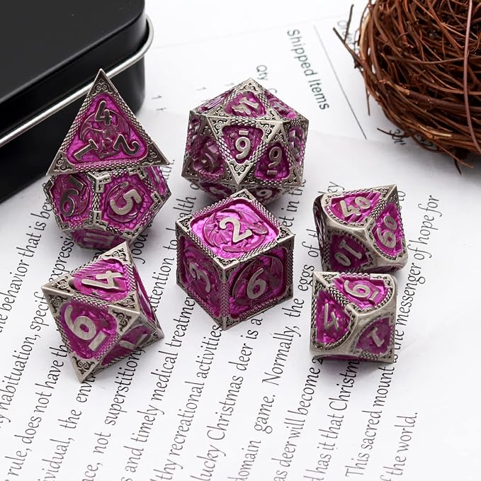 PJOY Metal DND Dice Set with Dice Case Antique Silver Purple Dragon D&D