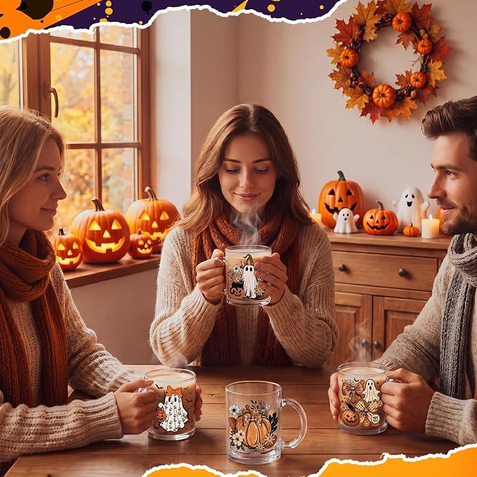Tioncy 4 Pcs Halloween Ghost Coffee Mugs 12 oz Pumpkin Glass Cups
