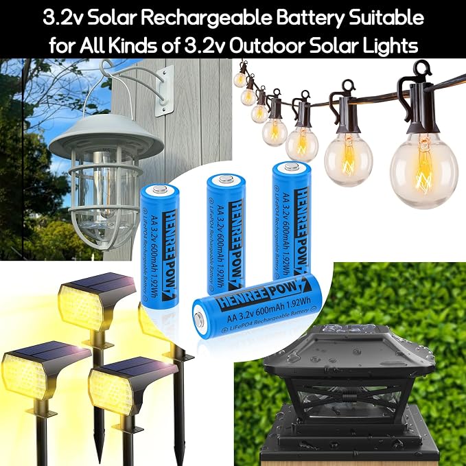 Henreepow AA 3.2v Solar Rechargeable Batteries, LiFePo4 Double A 600mAh 3.2v