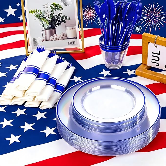 SUT 350 Pcs Blue and Clear Plastic Dinnerware Set