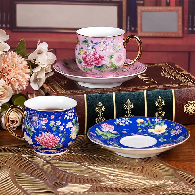 KAMMAK Tea Cup and Saucer, Ceramic Coffee Cups, 7.1 oz, Afternoon Tea and