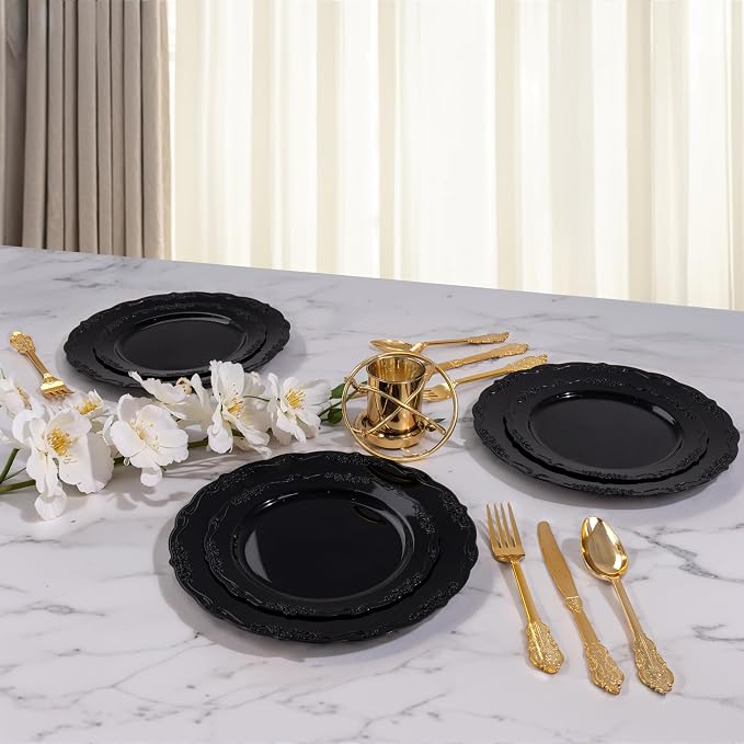 DaYammi 60PCS Black Plastic Plates, Heavy Duty Black Disposable Plates Premium