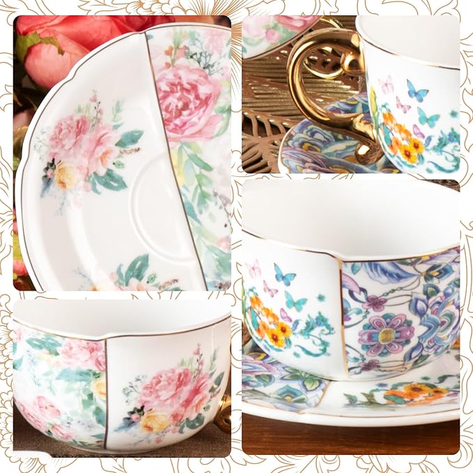 KAMMAK Tea Cups and Saucers Set of 2, Fine Bone China Coffee Cups, YX011 |