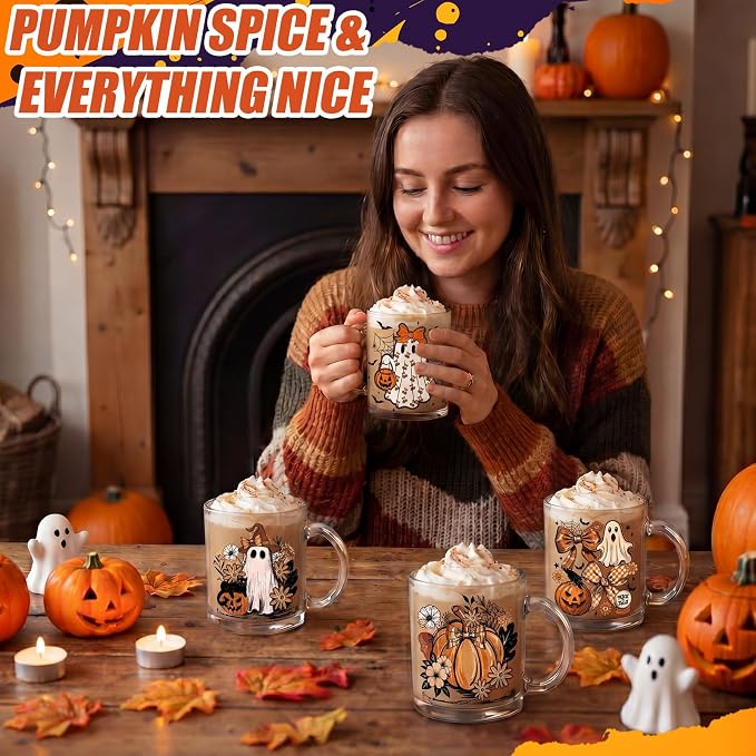 Tioncy 4 Pcs Halloween Ghost Coffee Mugs 12 oz Pumpkin Glass Cups