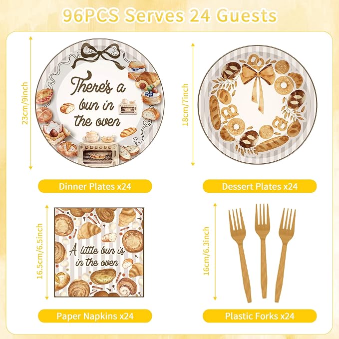 96 Pcs Bun in the Oven Baby Shower Decorations, Bakery Theme Plates Napkins