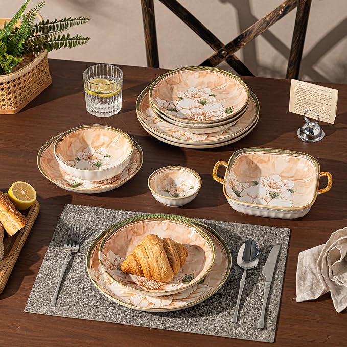 Ceramic Dinnerware Set, Floral Plates and Bowls Sets, Microwave & Dishwasher