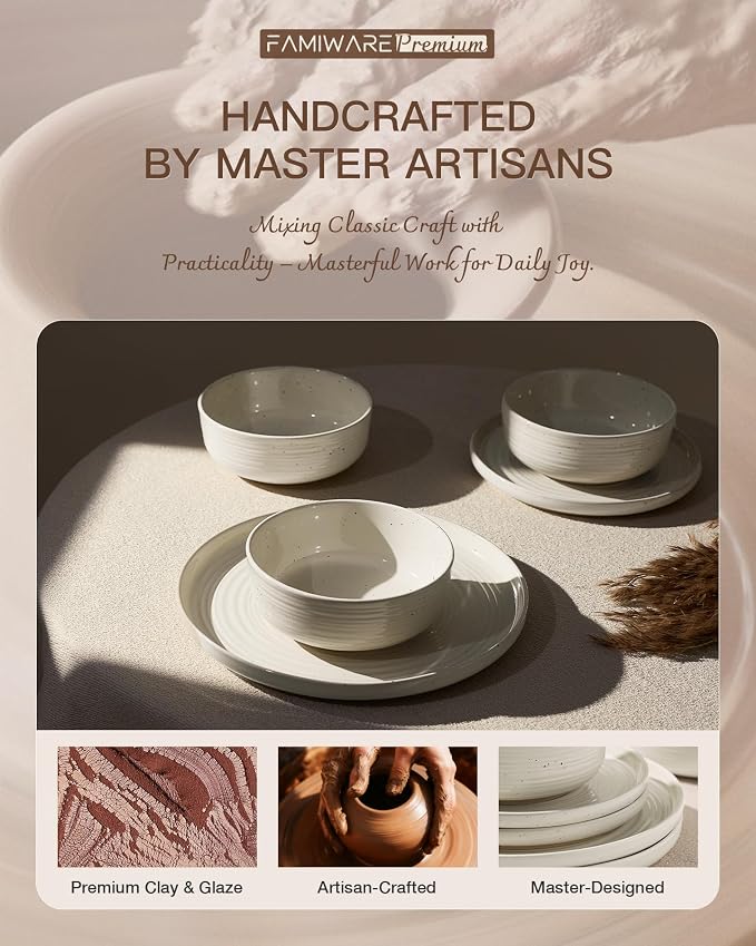 Stoneware Dinnerware Sets for 8, Plates and Bowls, Cream | 24-Piece Ceramic