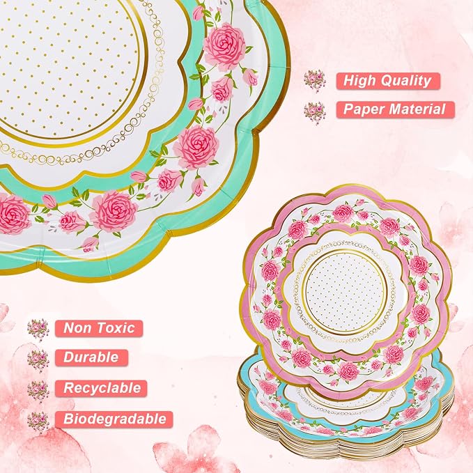 FillTouch 100 Sets Floral Paper Tea Cups and Saucers Disposable Paper Tea Party