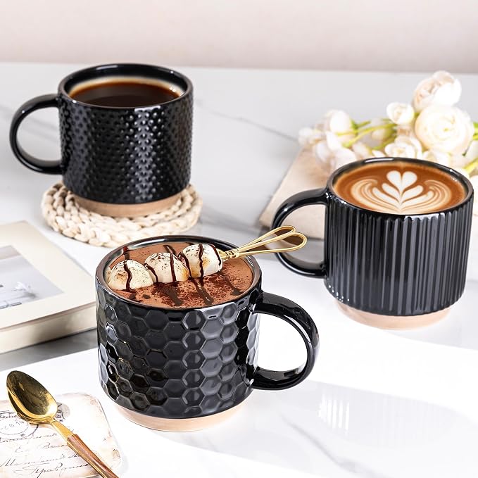 GBhome 12 OZ Stackable Coffee Mugs Set of 4, Ceramic Black Coffee Cups Set | 4