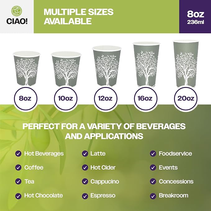 CIAO! 8oz Paper Hot Cup, Rooted Olive Print